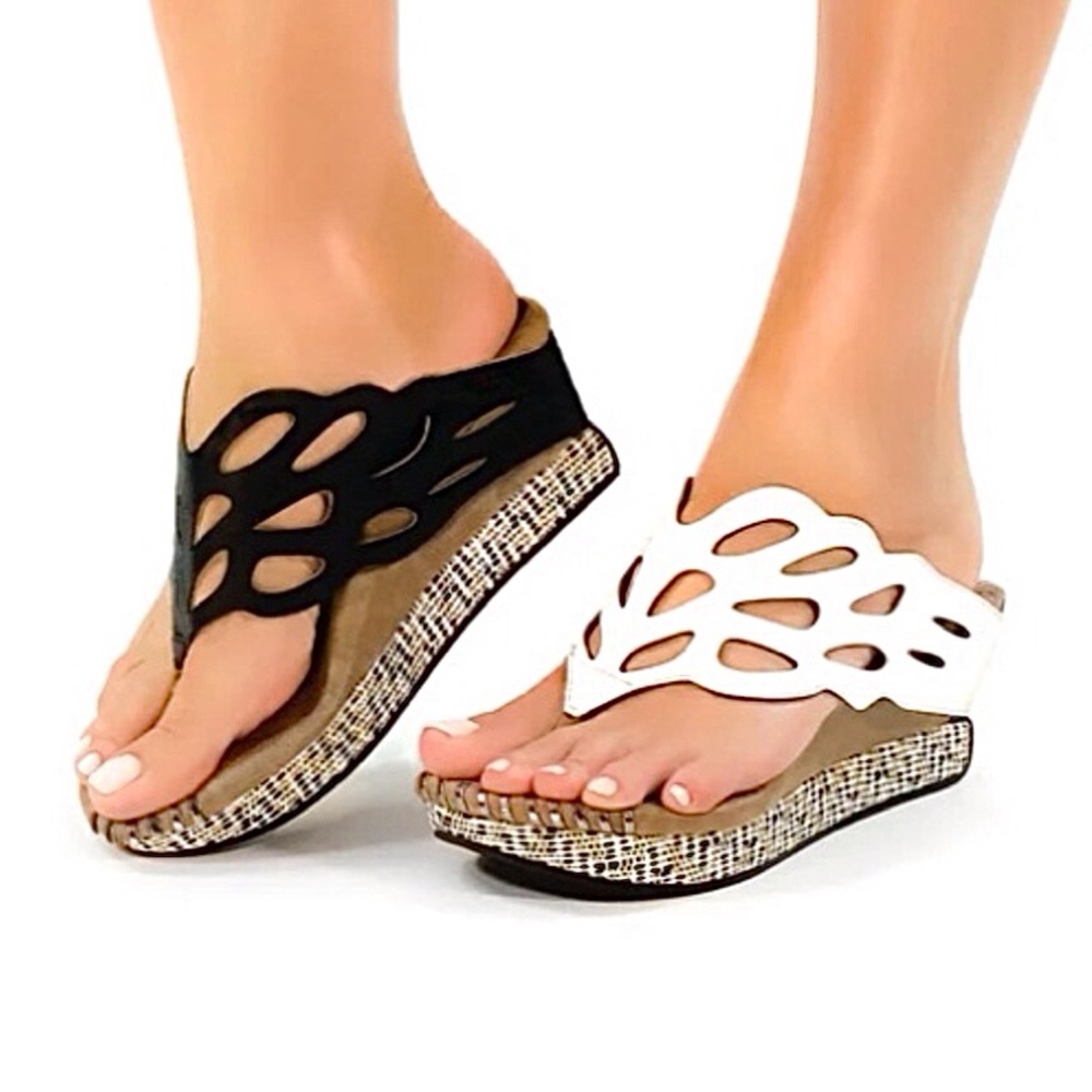 💖 Modzori Troya Black/White Reversible Vegan Wedge Sandals